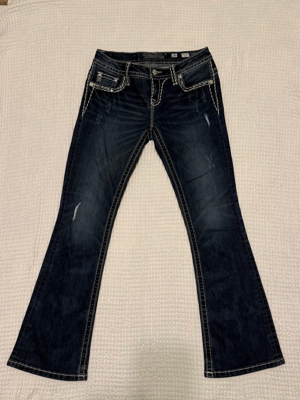 Miss Me Mid-Rise Bootcut Jeans Size 26 Dark CAMO Wash - Picture 2 of 5